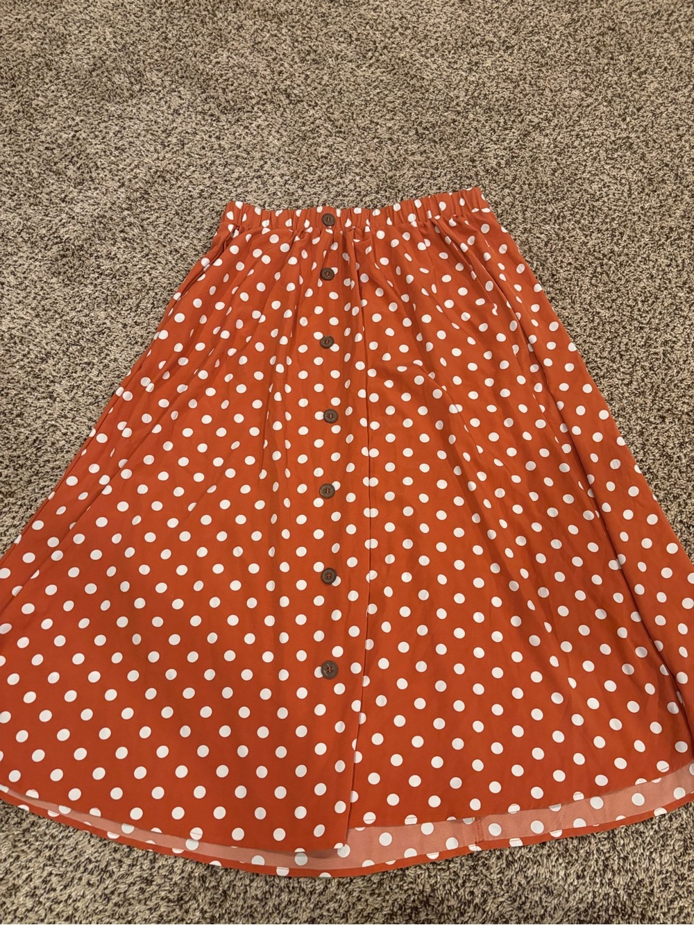 BloomChic Rust Orange Polka Dot Faux Button-Front Midi Skirt